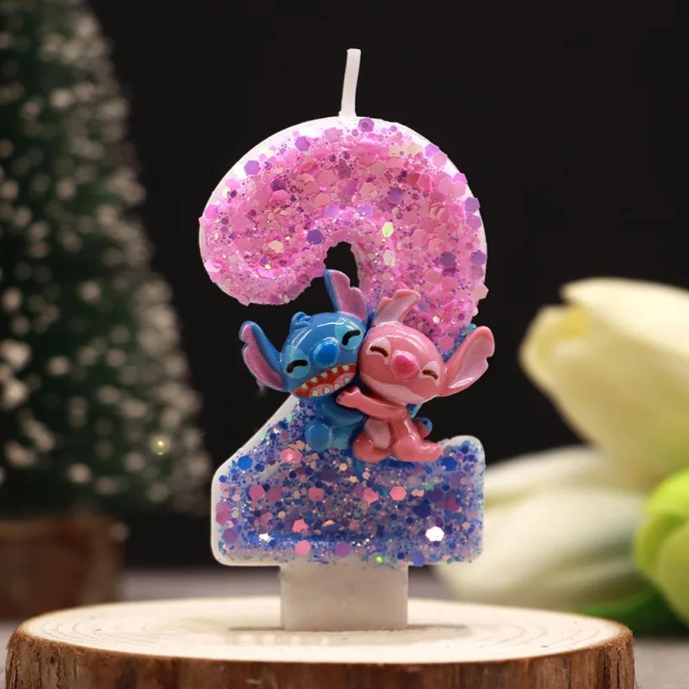 Stitch Angel Number Candle Glitter Pink Blue Cartoon Character Birthday Cake Topper Candle Kids Party Decor Gift