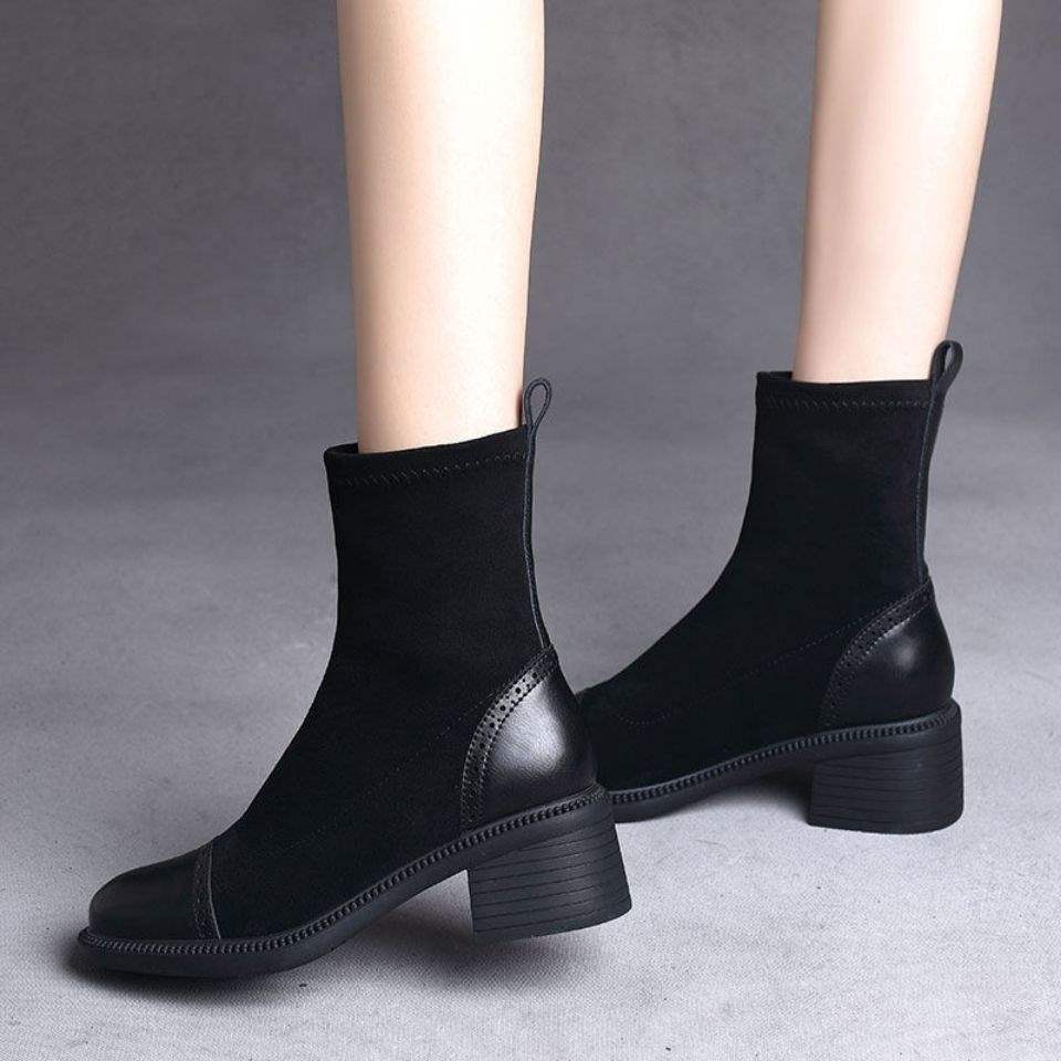Elastic boots women's 2025 autumn and winter new Korean version versatile outer wear non-slip medium heel thick heel fashion thin boots