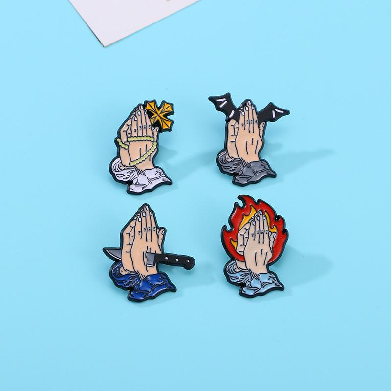New Namaste With Bat Knife Cross Fire Enamel Brooches Namaskar Pins For Buddhist ewelry Gift