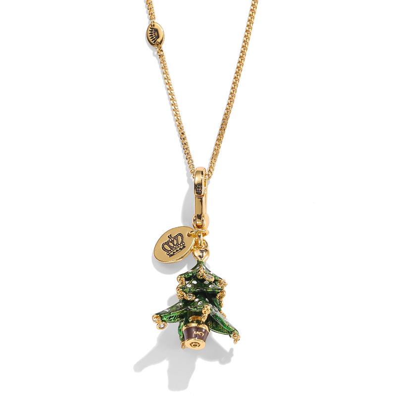 Elegant Green Christmas Tree Pendant Keychain Necklace with Enamel and Diamond Inlay.