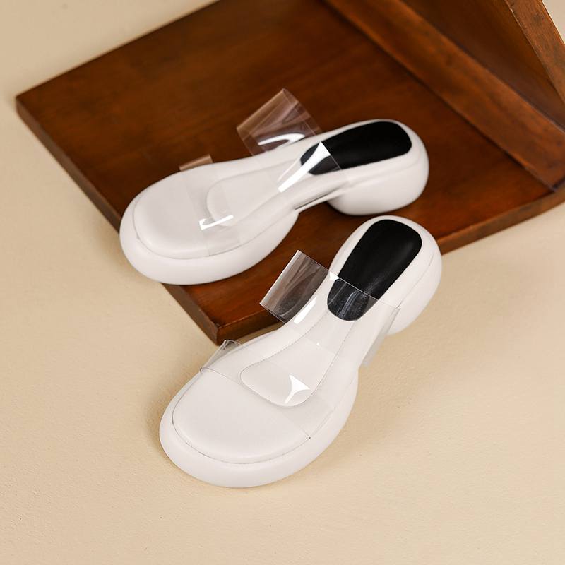 Krazing Pot Mules Natural Leather PVC Peep Toe Thick Heels Summer Shoes Size 42 Platform Women Sandals