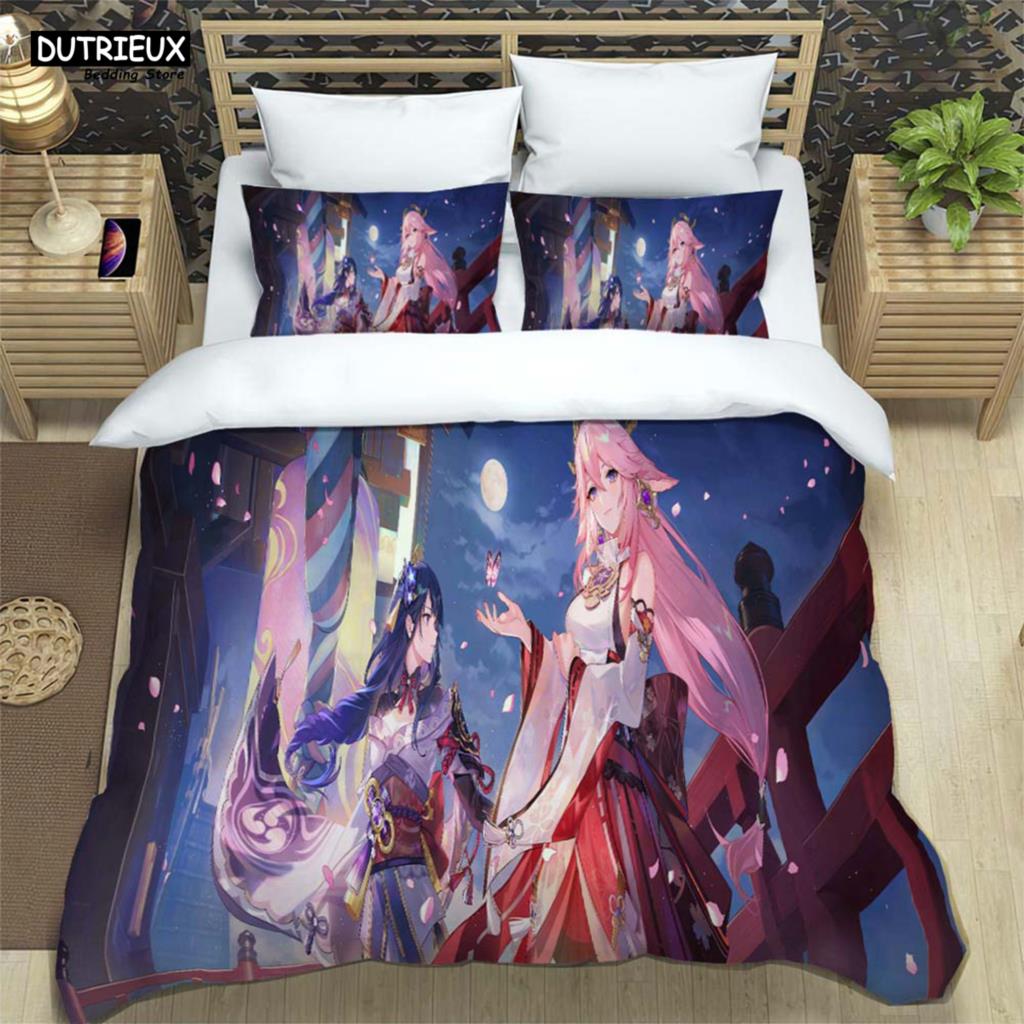 Genshin Impact Bedrucktes Polyester Bettwäscheset Für Jungen Und Mädchen Dreiteilig Bequem Weich Paar Geschenk Bettwäschesets