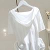 Unisex Hooded Short Sleeve Top Loose Fit Casual Hoodie Solid Color Drawstring Button Front Milk Silk Summer Basic Tee