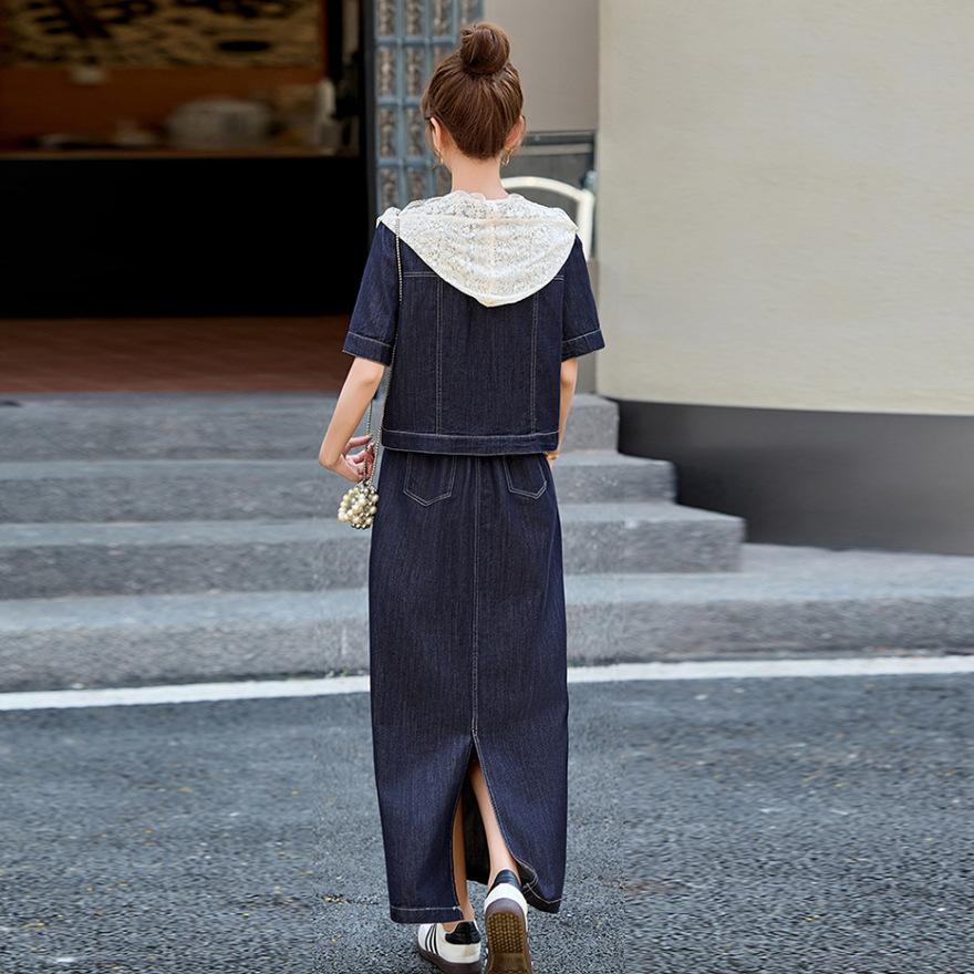 Xiaoxiangfeng denim suit skirt women's new summer super fire temperament Korean version design skirt two-piece set