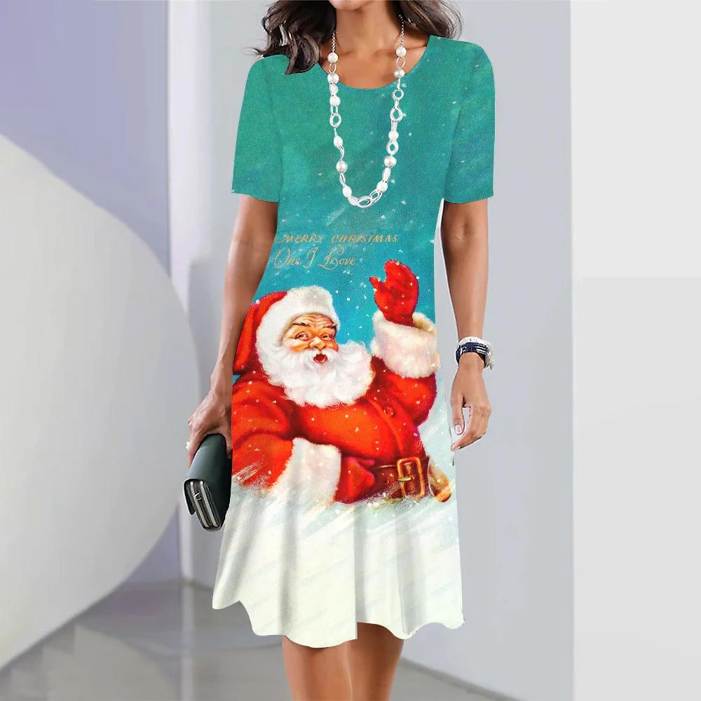Summer Fashionable Creativity Women Loose Large Round Neck Casual Comfortable Versatile Christmas Series Santa Claus 3D Printed Dresses