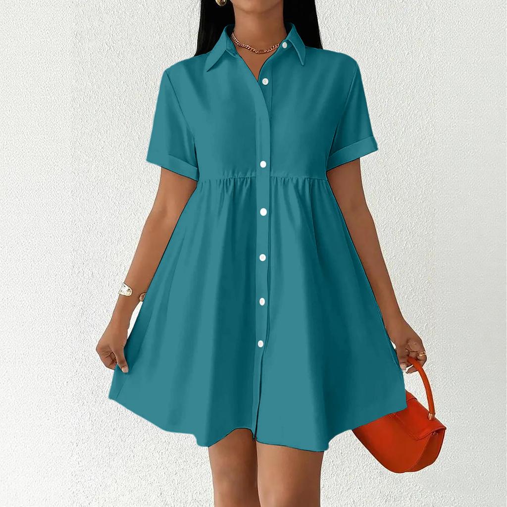 Women Short Sleeve Shirt Dress Button Down Collared Loose Fit Casual Mini Dress with Pockets Summer Style