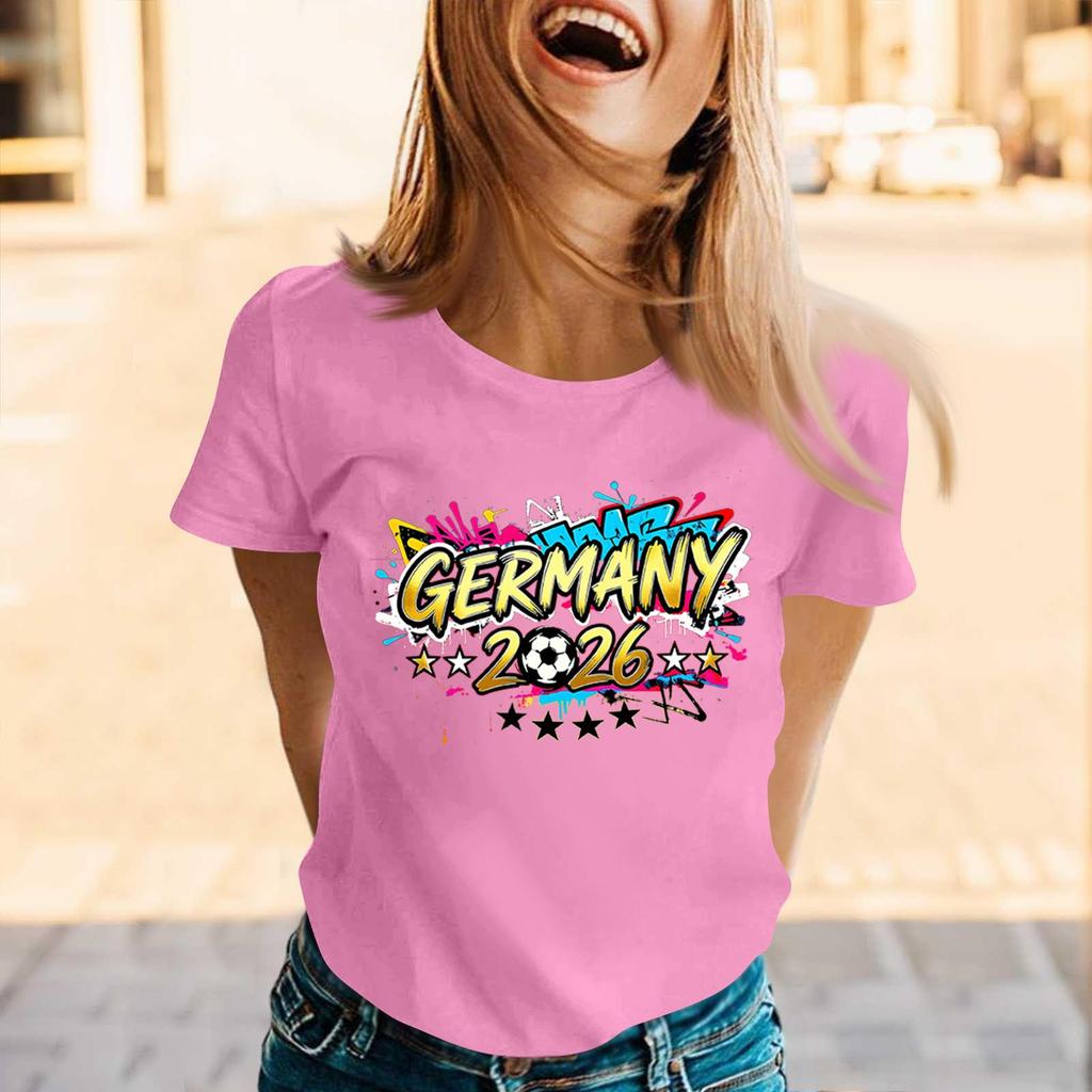 Womens Casual Crew Neck Short Sleeve Pullover T Shirt with Germany 2026 Letter Print Graphic for Soccer Supporters Top