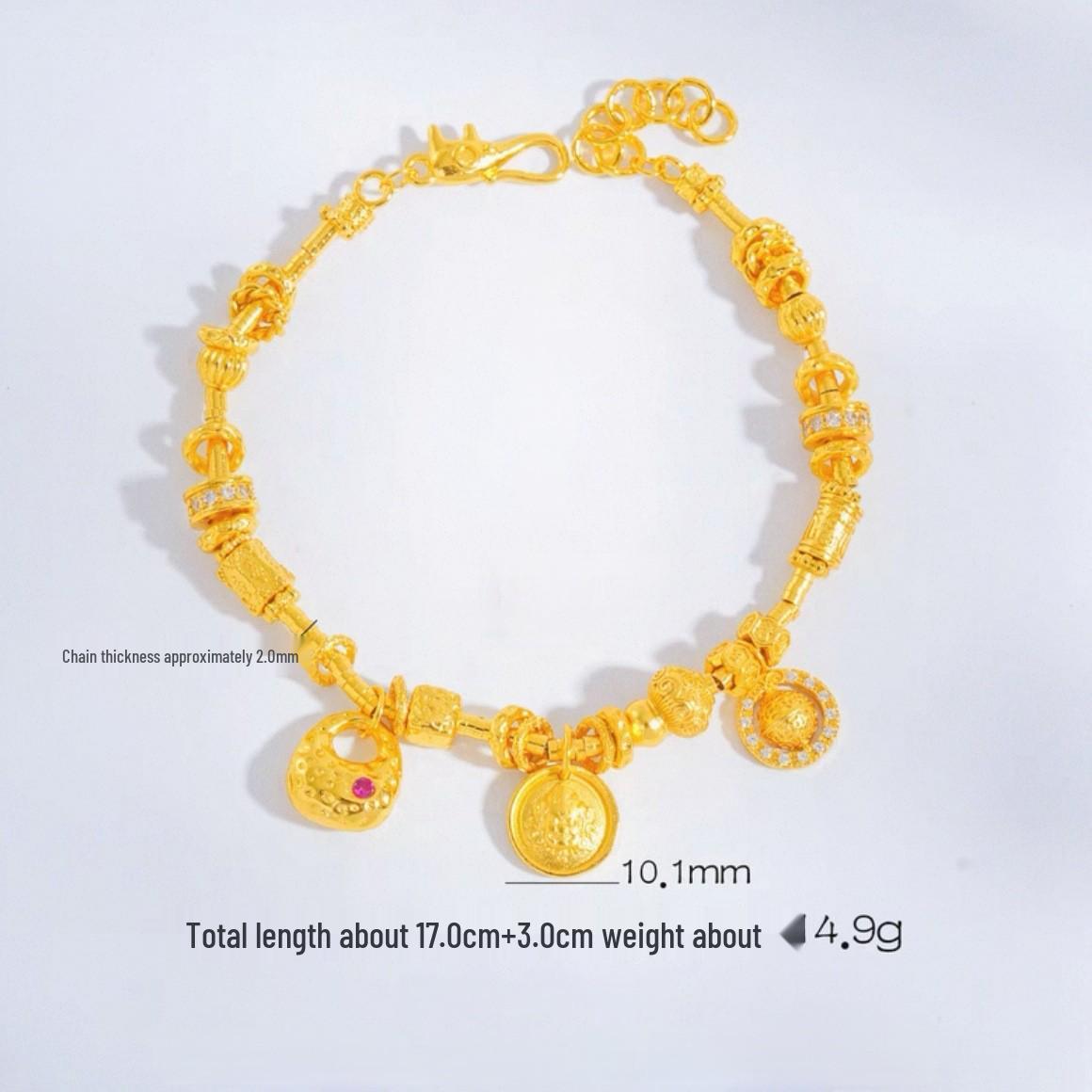

Gold Sand Hammered Fortune God Bracelet with Ruyi Gourd & Little Planet Beads - Gift for Her