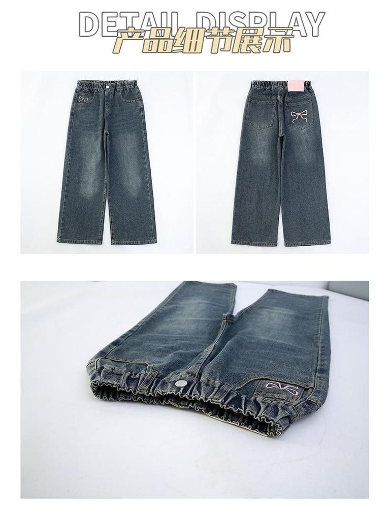 Girls' 2024 Spring & Autumn Fleece-Lined Wide-Leg Jeans - Straight-Leg Style for Winter, Suitable for Middle and Big Children.