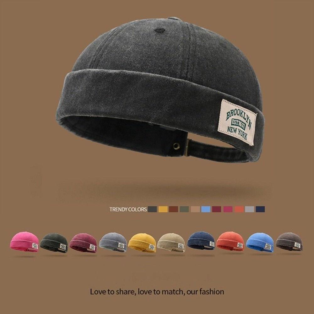 Unisex Washed Denim Melon Skin Hat Solid Color Dome Beanie Hat Brimless Adjustable Street Hat Outdoor