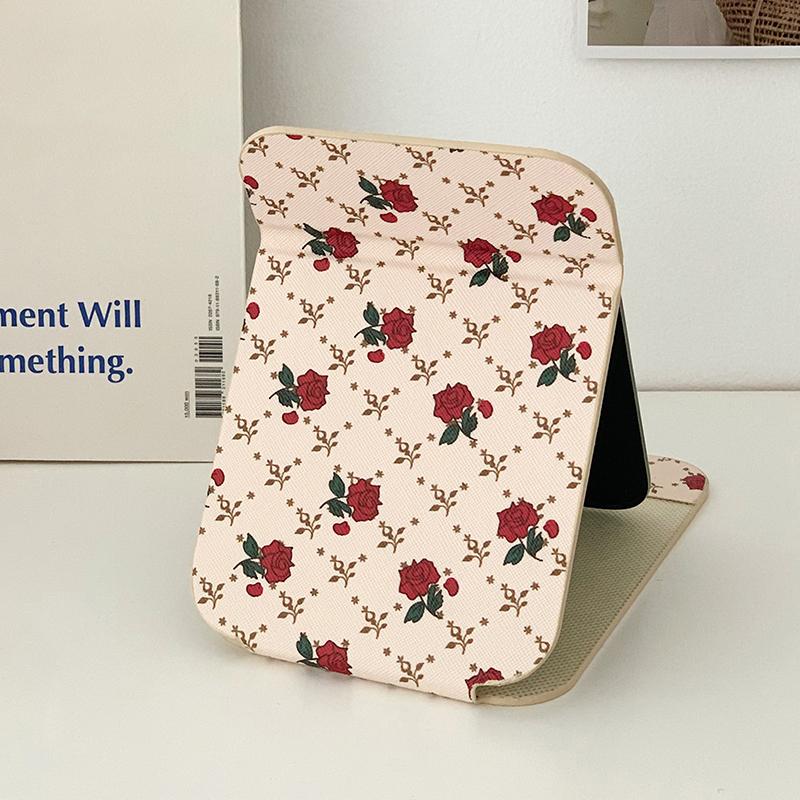 Tisch-Make-up-Spiegel Floral PU-Leder Schlicht Tragbar Handspiegel Faltbar Studenten Kompakt Niedlich Taschenspiegel