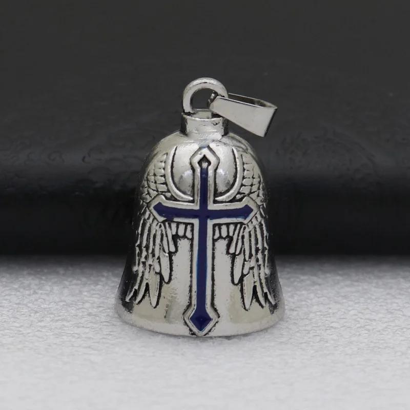 Angel Wing Guardian Bell Motorcycle Lucky Charm Retro Punk Knight Cross Pendant Black Metal Biker Accessory Evil Eye Protector