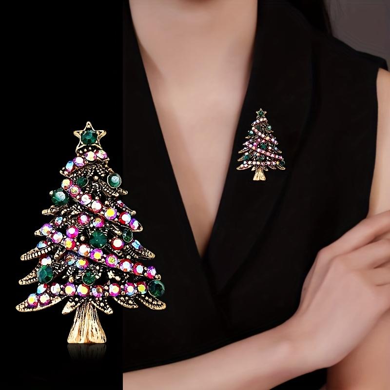 Sparkling Gemstone Xmas Tree Brooch. Golden Elegance for Dresses & Coats. Festive Year-Round Gift. Shop Now!