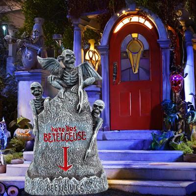 Halloween Tombstone Graveyard Headstone Ornament with Light Spooky Skeleton Figurine