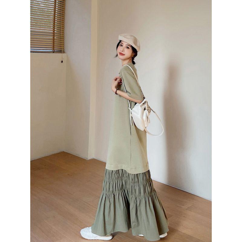 

Зеленое Высокое Супер Длинное Платье до Щиколотки Свободное Большого Размера Платье для Полной Девушки Платье Футболка Юбка Длинное Платье для Беременных Женщин Bean Green XL