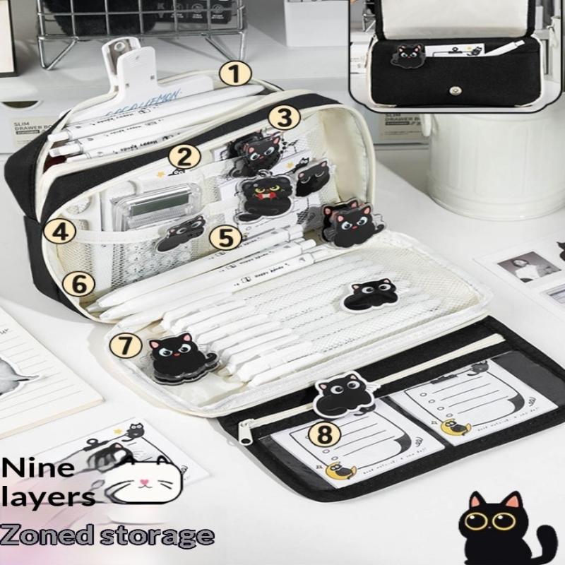 Black Cat Nine Layer Pencil Case For Girls Multifunctional Clear Stationery Box High Aesthetic Value For High School Students