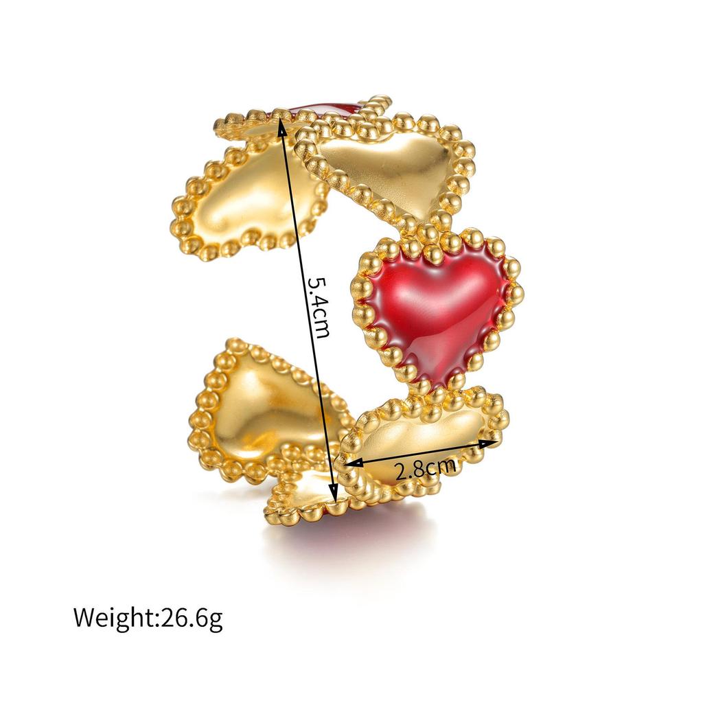 Retro 18k Gold Offener Herz Armreif: Rotes Drip Oil Hohl Edelstahl