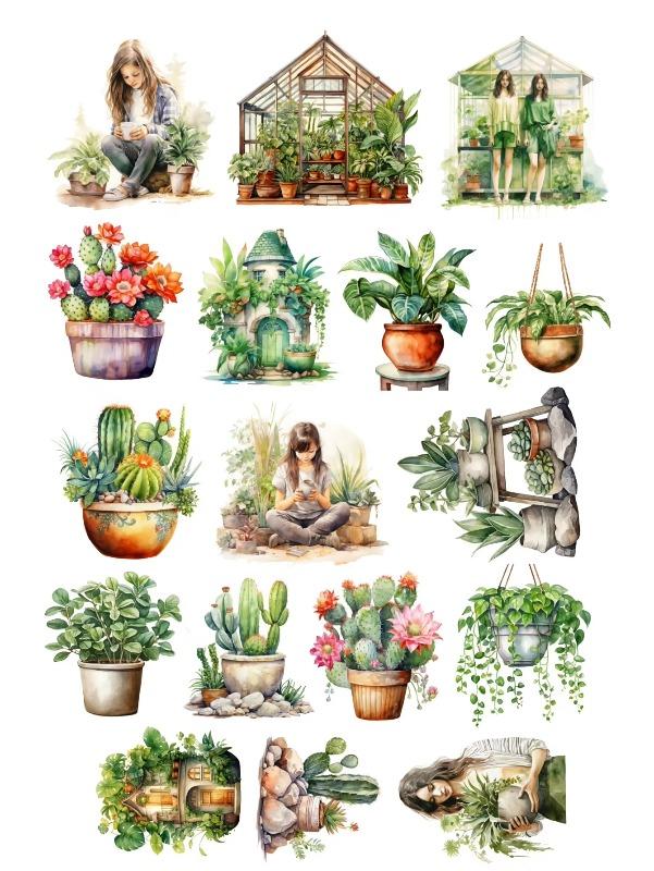 17pcs Cute Watercolor indoor plant girl Stickers for Laptop Guitar Skateboard Luggage Car Waterproof Stationery scrapbooking