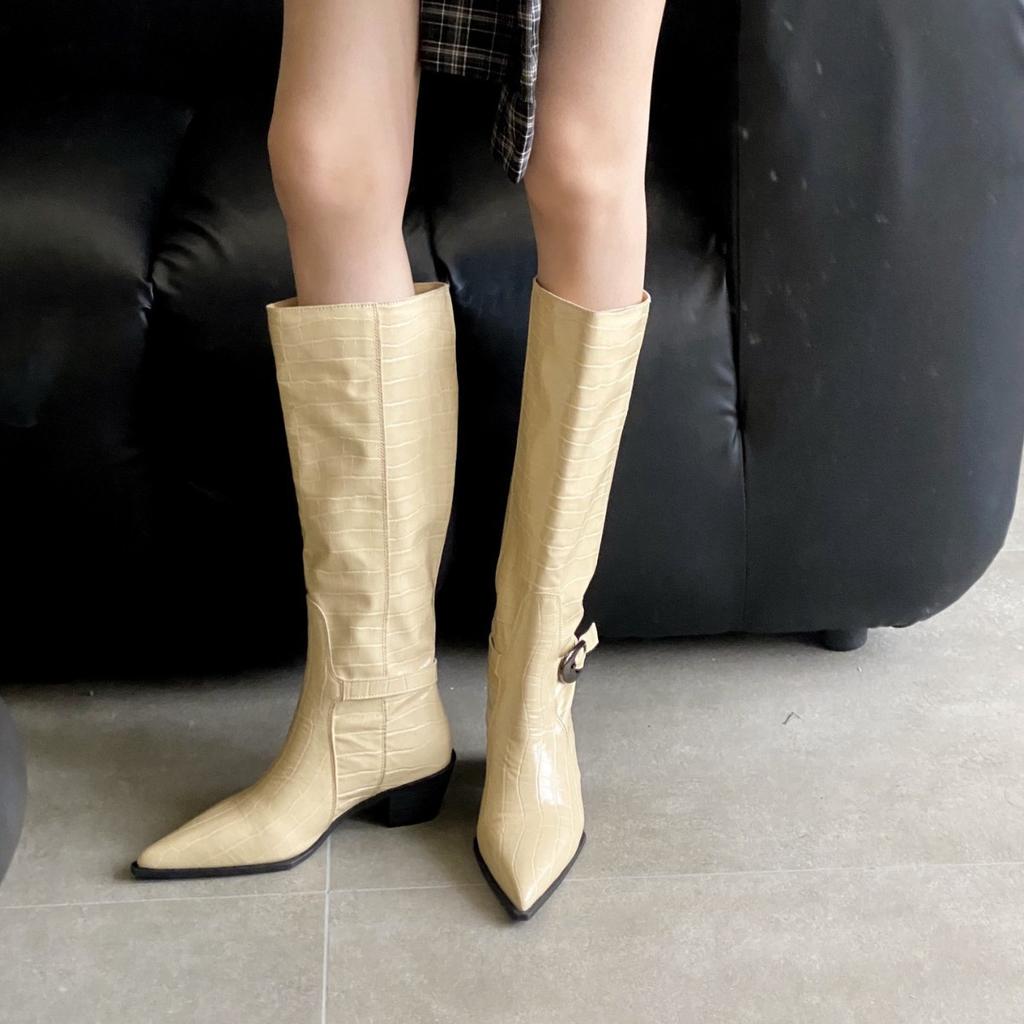 2025 autumn and winter new European and American style stone texture belt buckle pointed thick high heel boots