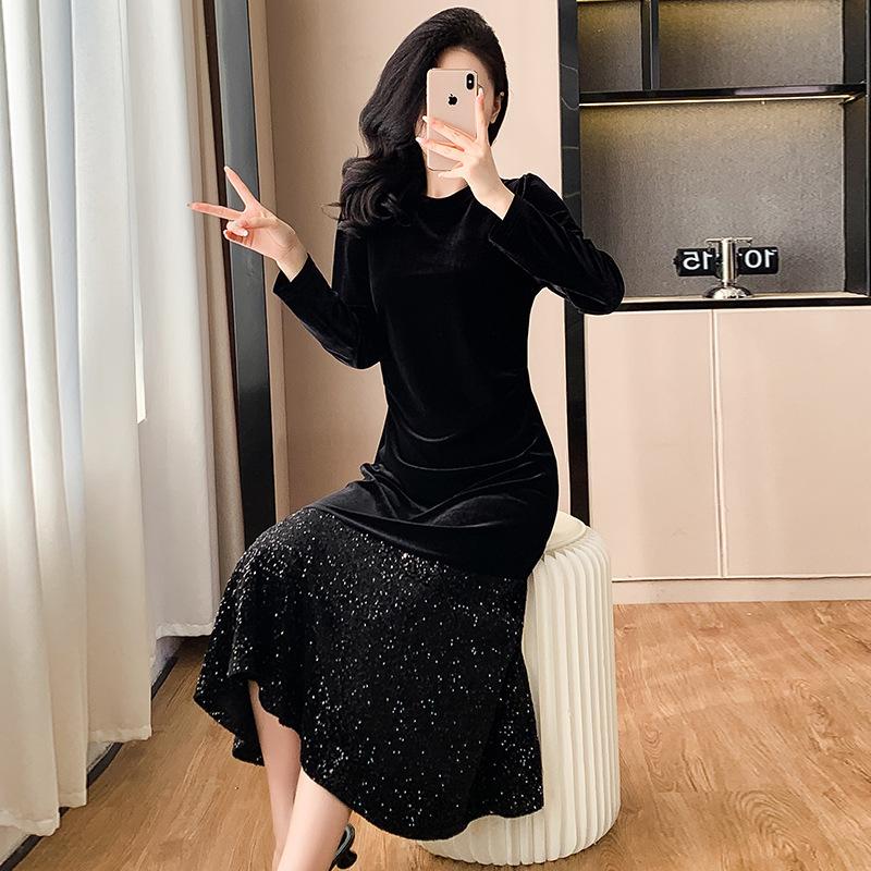 Autumn and winter bottoming velvet dress, fishtail shiny splicing wrinkled meat covering and thin dress