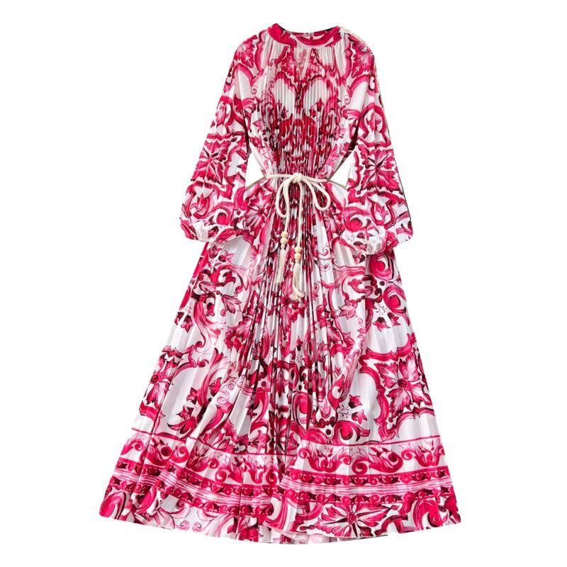 Palace Style Round Neck Print Lantern Sleeve Loose Dress