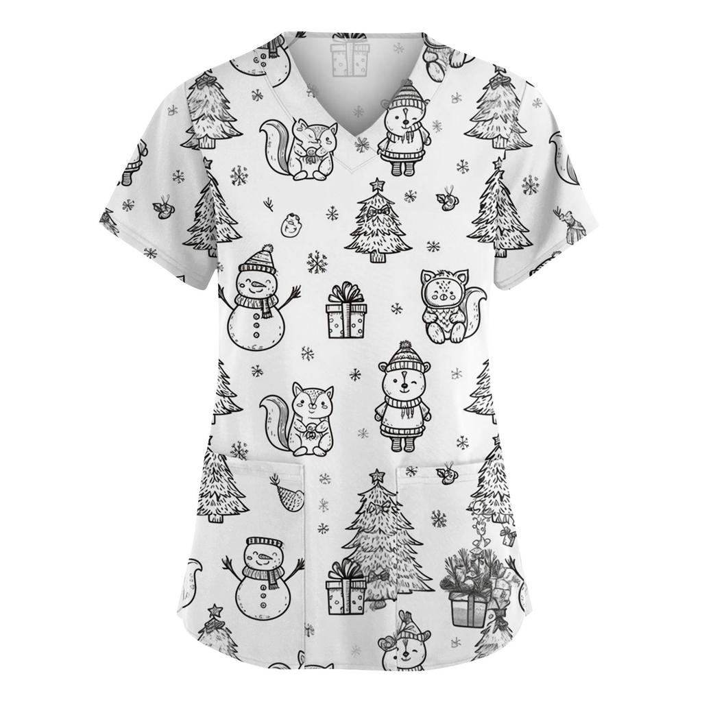 Damenmode V-Ausschnitt Kurzarm Overalls mit Taschen Print Tops Kleidung