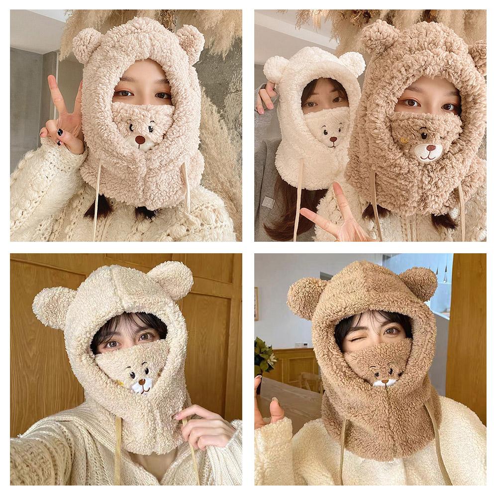 Winter Cartoon Hat With Mask Bear Lamb Beanie Hats Warm Thickened Ear Protection Beanies for Women Girl Scarf Hat