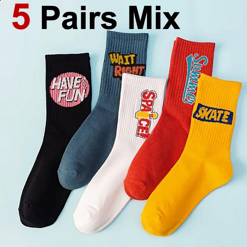 

5 пар нейтральных вязаных хлопковых носков с буквенным принтом, модные уличные носки, впитывающие пот, дышащие, повседневные носки для пар One Size