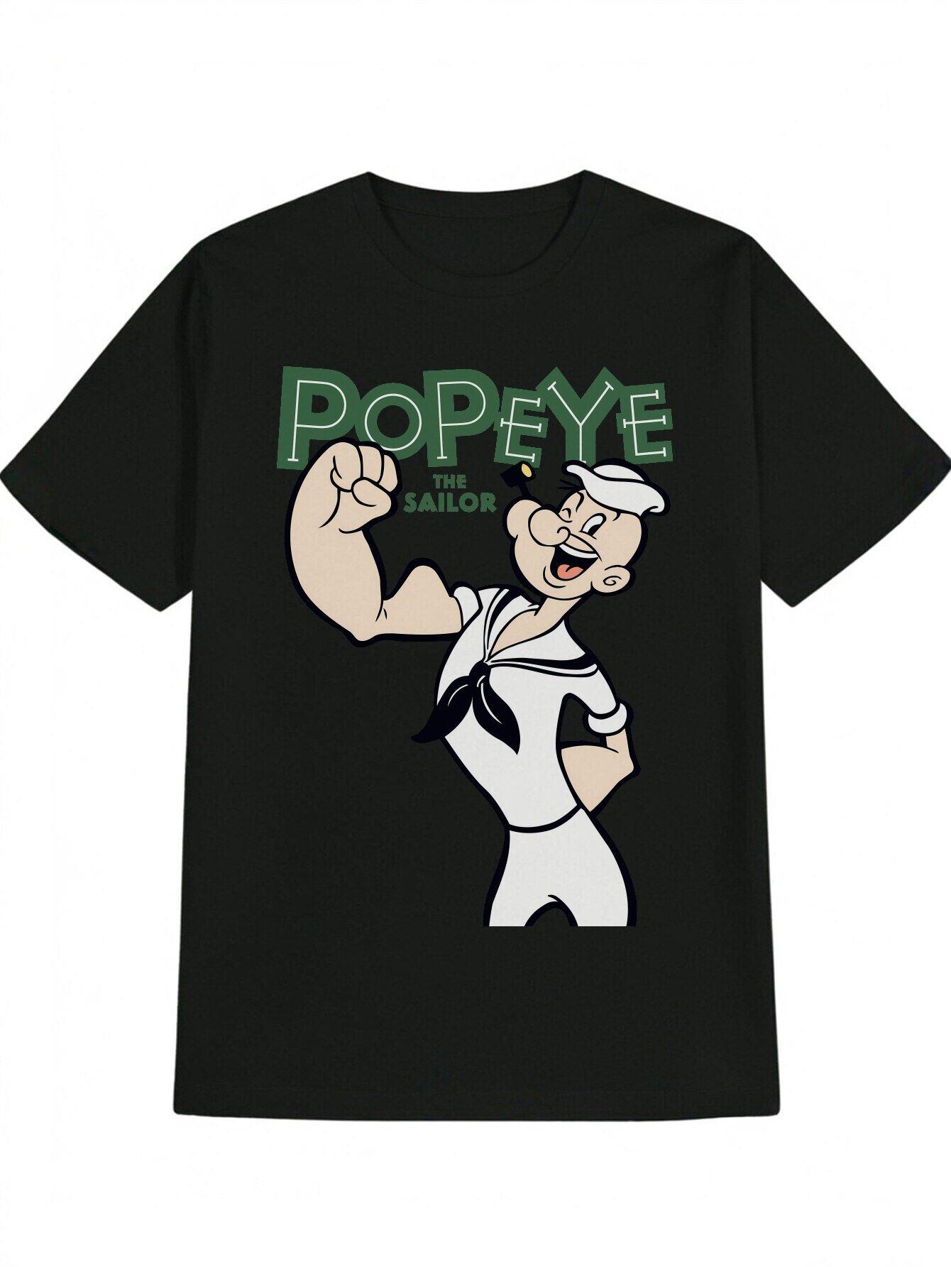 Casual Popeye Graphic T-shirt - Black Crew Neck XL