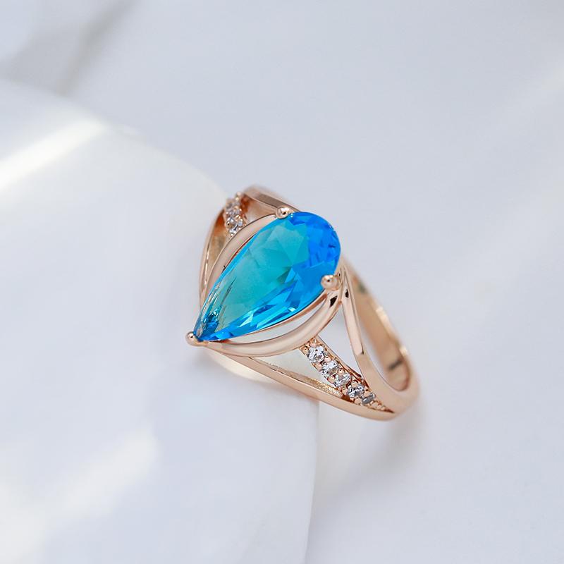 Luxury Blue Zircon Big Rings for Women Fashion Water Drop Gold Color Accessories Wedding Jewelry
