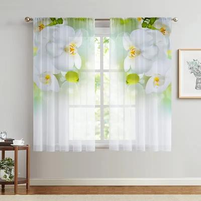 2pcs Elegant White Orchid Curtains: Suitable for Bedroom/Daily Use, Soft and Tranquil Wind Wearing Rod Cotton Curtains