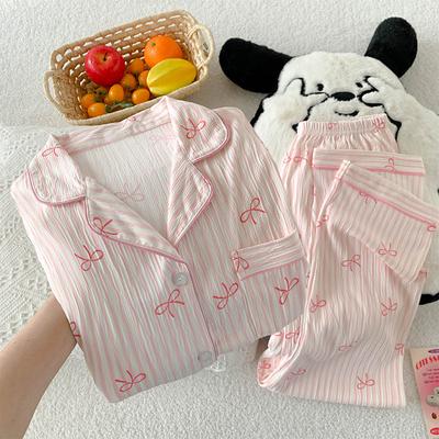 Sweet Soft Girl Bow Wrinkled Cloth Long-Sleeved Cardigan Pajamas Women'S High-Value Loungewear Set