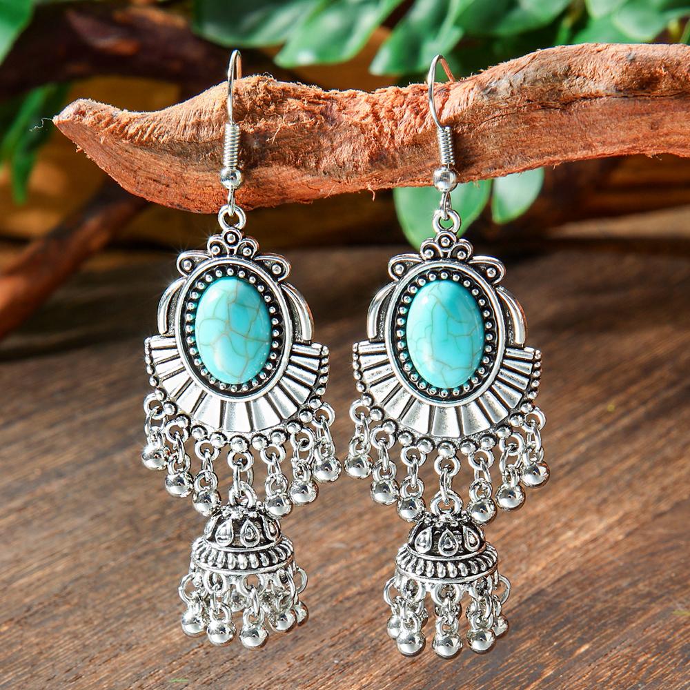 Boho Antique Silver Dangle Earrings for Women Turquoise Design Tassel Earrings Ethnic Style Work Daily Wear Gifts Versatile