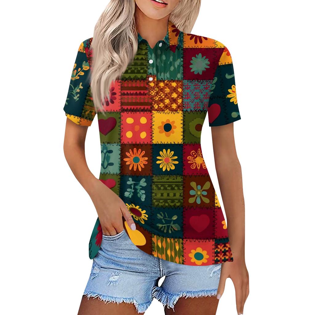 Modna damska koszula na co dzień z klapami i krótkim rękawem, z nadrukiem. Topy damskie zapinane na guziki