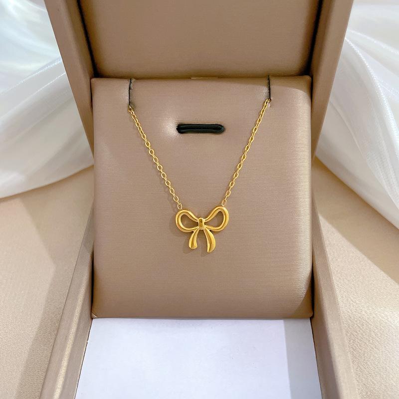 L316 Stainless Steel Beads Chain Hollow Bowknot Pendant Necklace for Women Niche Simple Jewery Accessory