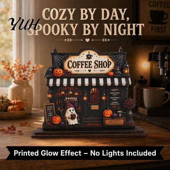 Retro Style Coffee Corner Signs Wooden Halloween Bar Sign, Fall Harvest Tabletop Decor Plaque with Pumpkin Decorative Ghost Cat, Shop Ornament