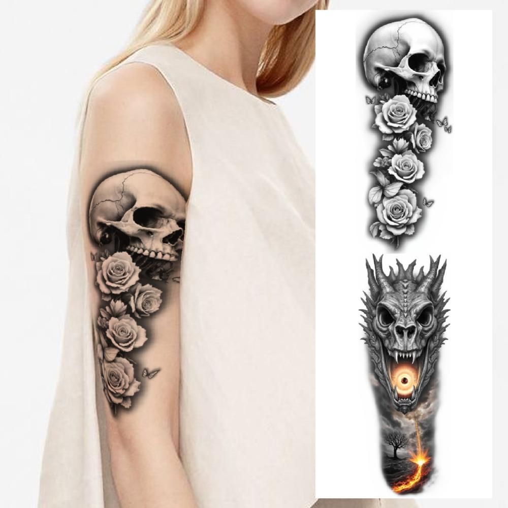 3 Stück Temporäre Tattoos Realistische Temporäre Tattoos Landschaft Mit Fahrrädern Menschlicher Schädel Mit Rosen Laterne Mit Blumen Für Männer