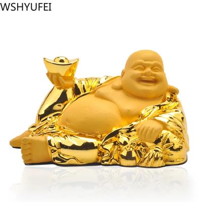 Goldene lachende Buddha-Statue aus Kunstharz, Maitreya-Buddha-Skulptur, Figuren, Ornamente, Heim, Auto, Schlafzimmer, Garten, Dekoration, Statuen