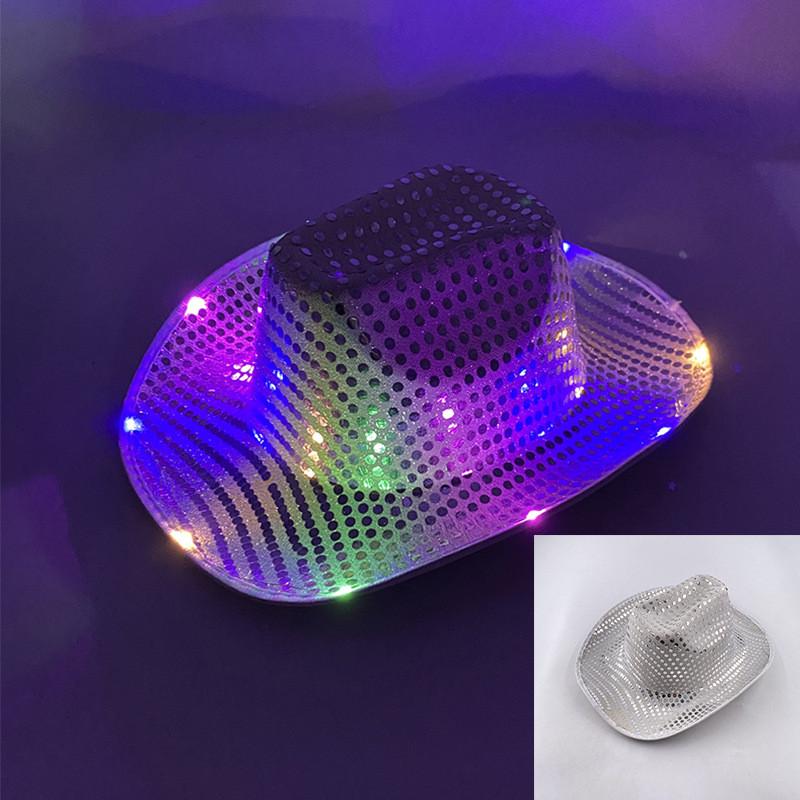 Four Color Led Light Up Western Cowboy Hat With Sequin Pattern For Party Cosplay Stage Performance