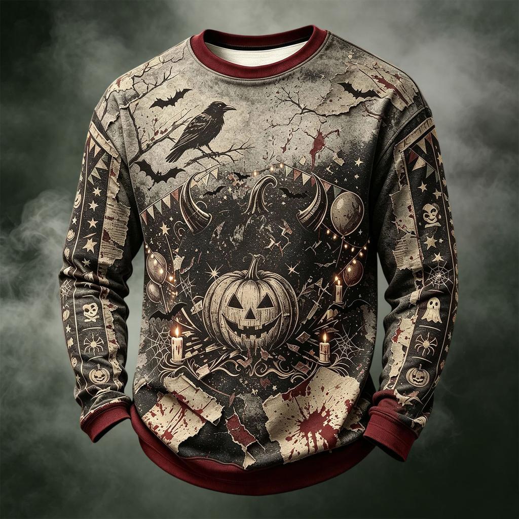 Men's Casual Long Sleeve Crewneck Knit Shirt with Halloween Print