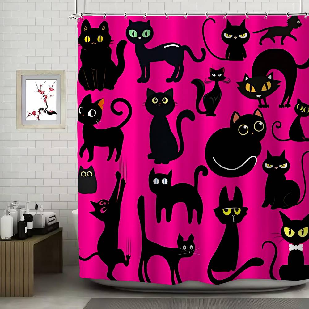 Black And Pink Cat Funny And Creative Beach Shower Curtain Waterproof Polyester Bath Curtains For Bathroom Decorate With Hooks