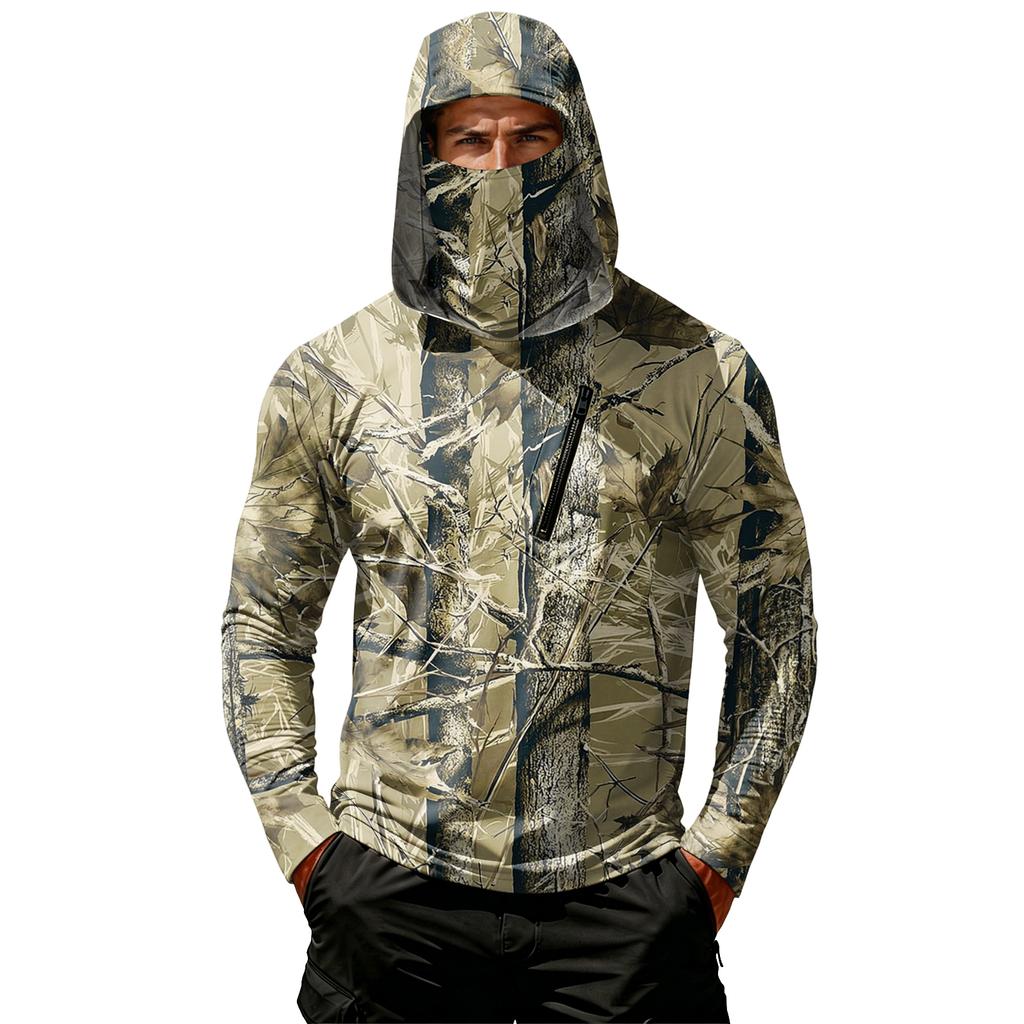 Men Long Sleeve Hooded Pullover with Chest Zipper Pocket Lightweight Printed Outdoor Sportswear Top