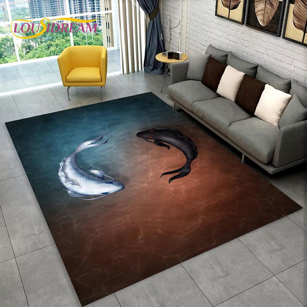 3D Pastoral Tai Chi Carp Fish Area Rug,Carpet Rug for Living Room Bedroom Sofa Doormat Decor,Kid Play Kitchen Non-slip Floor Mat