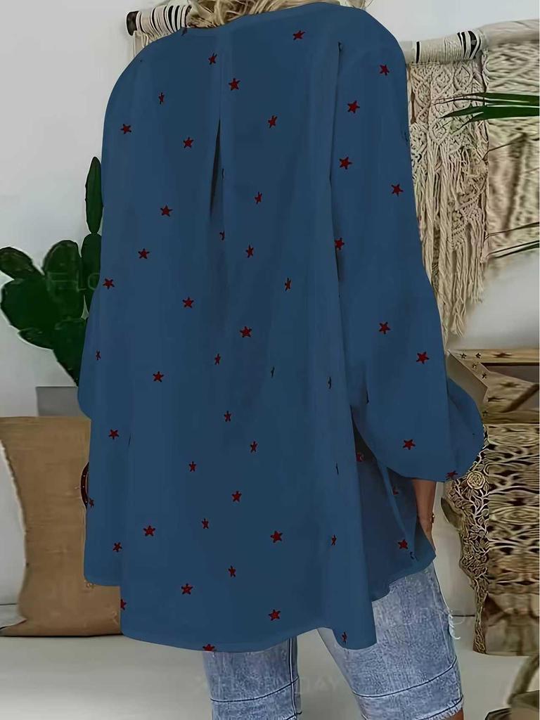 2025 Autumn V-neck Star Print Drawstring Comfortable Casual Loose Batwing Sleeve Pullover