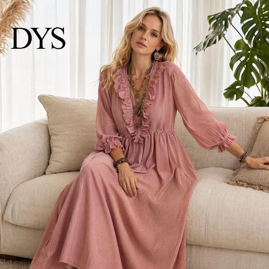 Quarter Sleeve Dress Women Summer Long Dress, 3/4 Ruffle V Neck Slimming Maxi Casual Loose Fit Flowy Beach Vacation Sundress