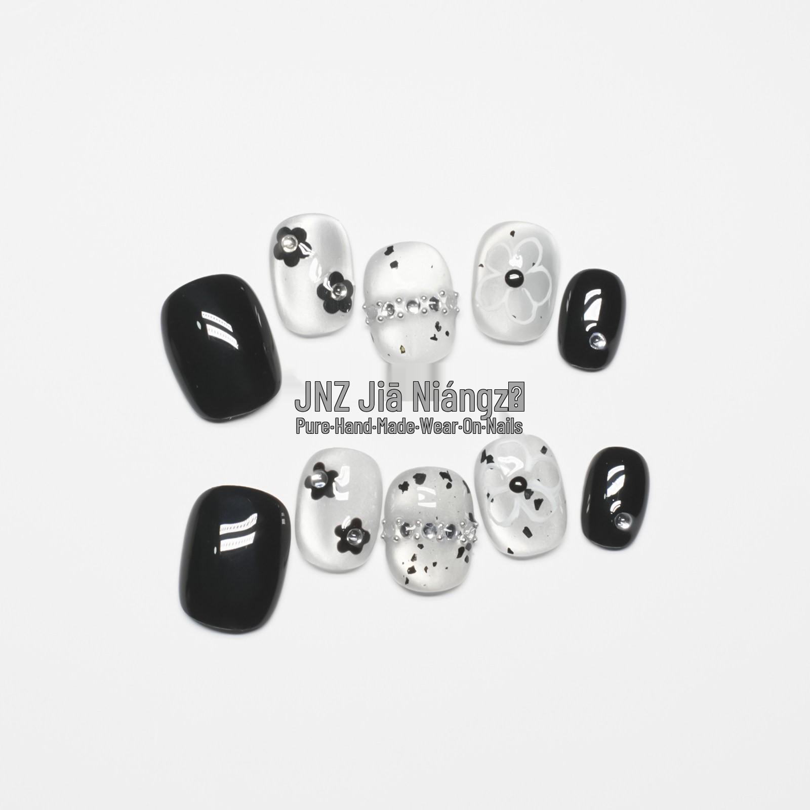 

Jia Niangzi Cat Eye Black & White Floral Short Nails - Chic & Elegant Design 10 pieces, Medium (with tool kit)