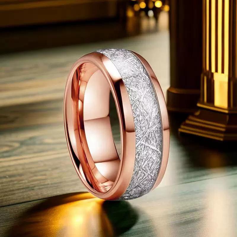Trendy 8mm Rose Gold Color Vintage Imitated Meteorites Inlaid Rings Men Stainless Steel Rings for Men Wedding Band Jewelry Gifts