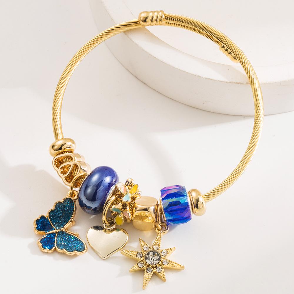 Beaded Stainless Steel Bracelet with Oil Drip Butterfly Inlaid Diamond Hexagram Pendant, Trendy Fashion Friendship Bracelet