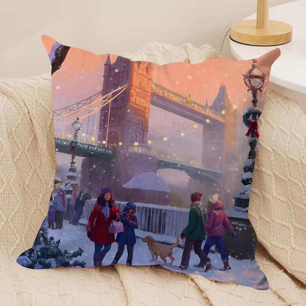 World Landmark Christmas Cushion Cover Silky Short Plush Invisible Zipper Dustproof Sofa Pillow Case For Home Decor