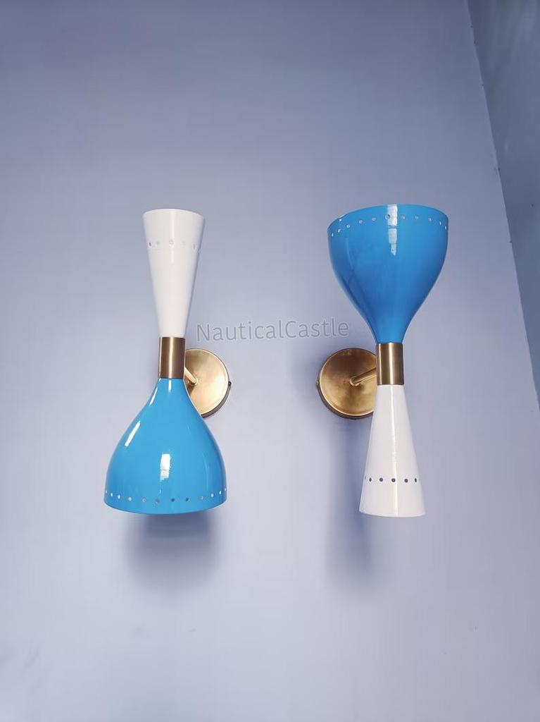 1950s Italian Diabolo Wall Sconce Pair: Mid Century Brass Plug-In Light Fixture